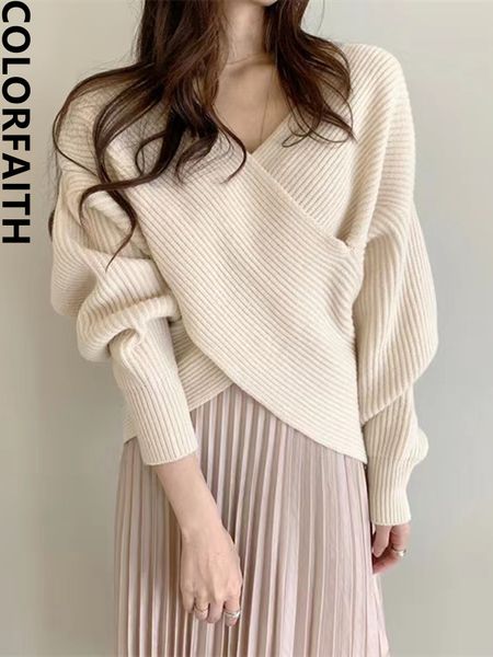 

women s sweaters colorfaith sw3869jx 2023 chic korean fashion v neck cross elegant wild vintage knitted women autumn winter 230213, White;black