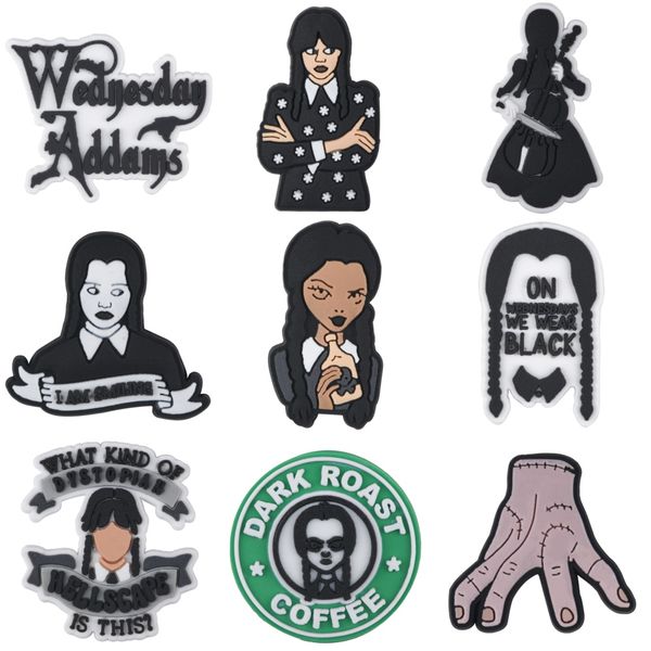 

2023 pvc wednesday addams family croc shoe charms fit wristband buckles accessories red heart gift for friend avatar friday, White;pink
