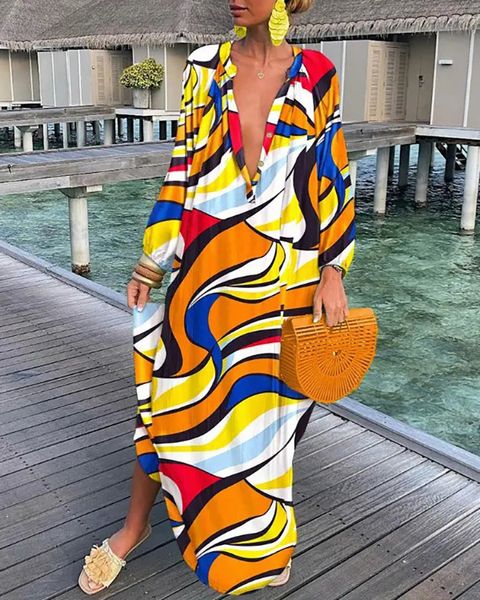 

women vintage designer dresses summer deep vneck long sleeve print dress female beach cover up elegant robe clothing, Black;gray