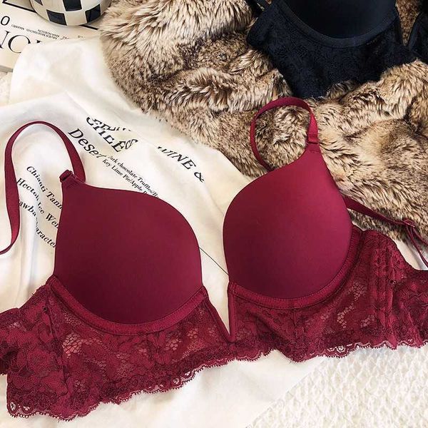 

bra set lingerie new deep v large backless seamless underwear women's thin style gathered anti-droop lace 0519, Red;black