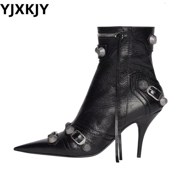 

boots yjxkjy women slim high heel metal buckle chain luxury shoes fashion comfortable pointed toe ankle boots stiletto short boots 230214, Black