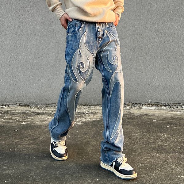 

men's jeans high street solid color patchwork skulls embroidery casual denim pants men and women elastic waist baggy jeans trousers 230, Blue