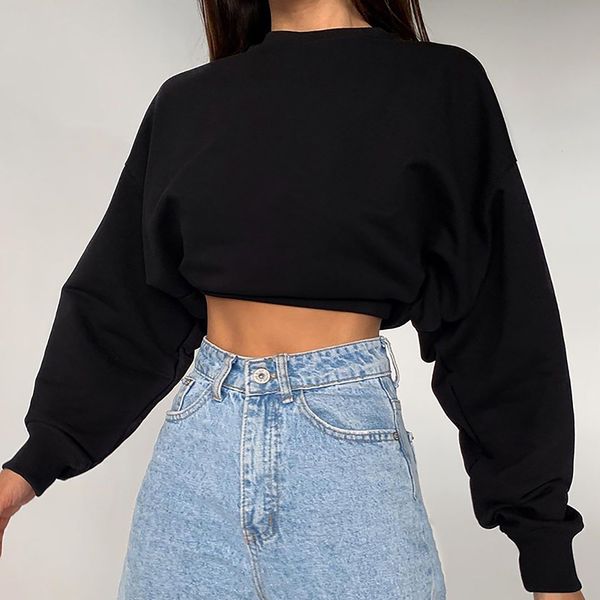 

women's hoodies sweatshirts autumn winter sweatshirts women fashion solid streetwear short hoodies casual long sleeve cropped pullover, Black
