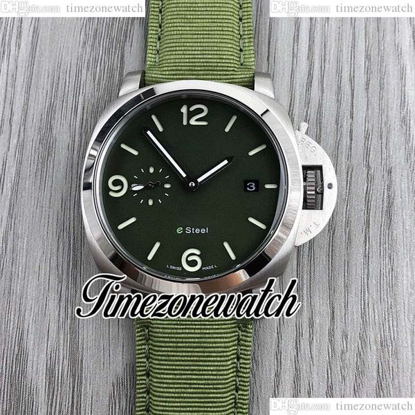 

sjf new e steel 01356 automatic mens watch luminous black dial steel case army green nylon leather strap diver gents 44mm watches twbe timez, Slivery;brown