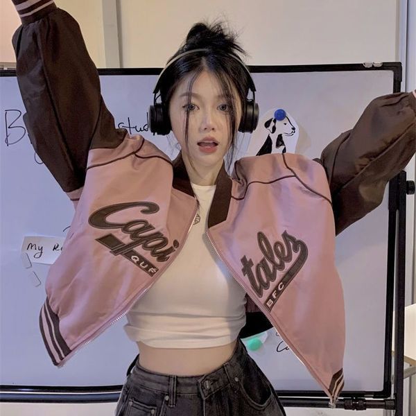 

women s jackets houzhou y2k streetwear pink baseball women kpop oversized vintage korean fashion autumn zip up cropped jacket harajuku 23021, Black;brown