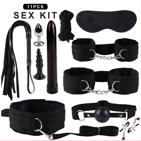 

set nylon toys kits plush bondage set handcuffs games whip gag nipple clamps for couples exotic accessorie, Black;white