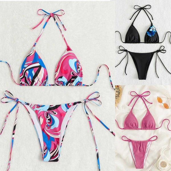 

printed lace up halterneck three point bikini spring split swimsuit, White;black