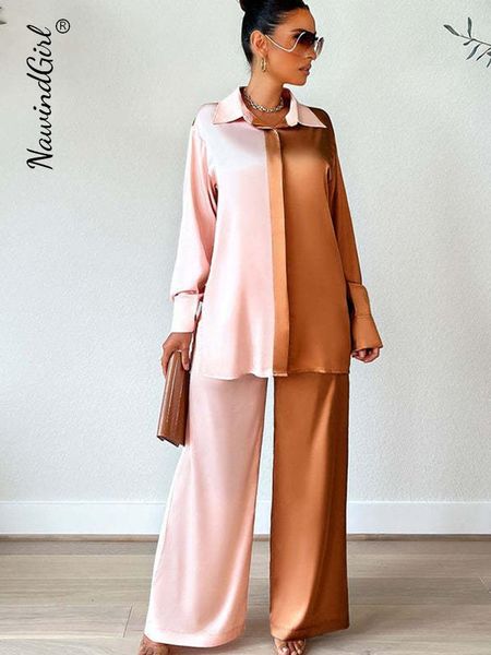 

women's two piece pants elegant satin women's matching 2 piece sets casual long sleeve panelled shirt pants suit female summer loo, White