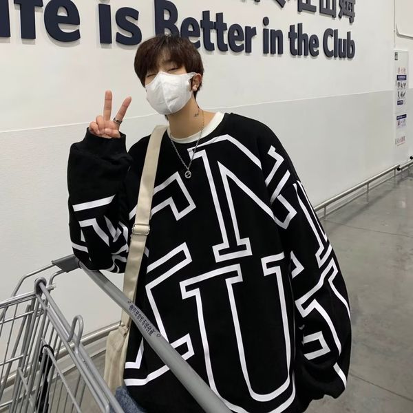 

men's hoodies sweatshirts spring autumn men's sweatshirt print long sleeve korean fashion streetwear men clothing harajuku letter, Black