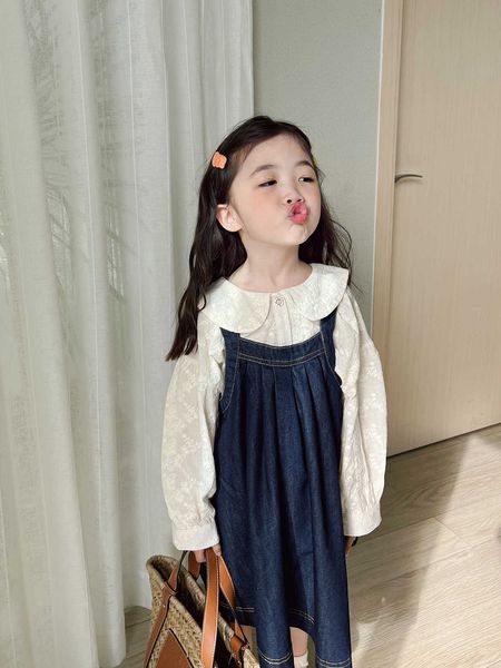 

sets lzh autumn new clothing set cute denim suspender dress lace shirt twopieces suits for baby girls clothes years, White