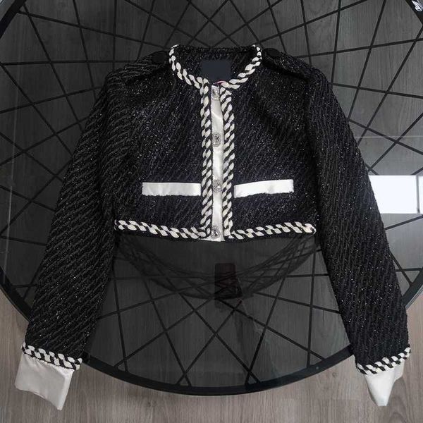 

women's wool & blends designer color contrast patchwork woven jacket 23 new style in early spring fi84, Black