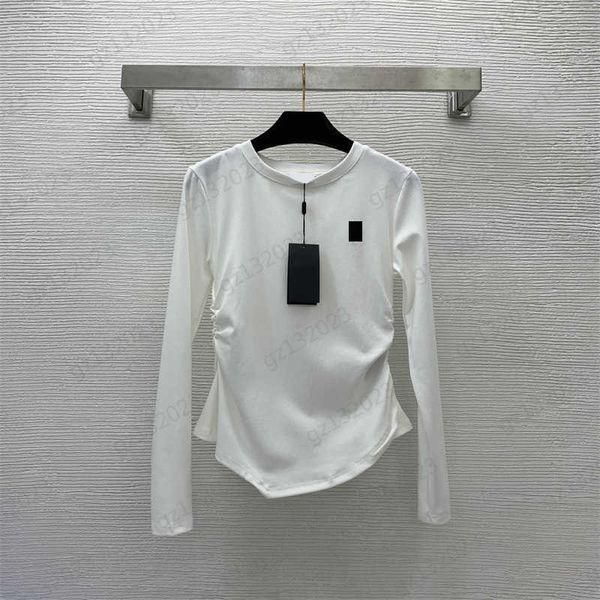 

embroidery t-shirts waist fold design round neck long sleeves t-shirt irregular hem slim joker simple white t-shirts for womens
