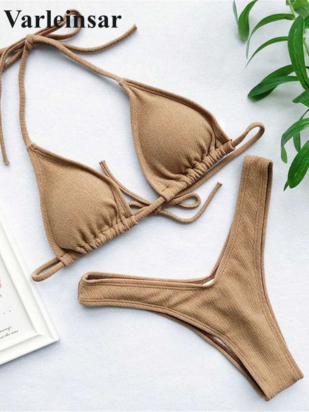 

women's swimwear ribbed brazilian bikini 2022 swimsuit female swimwear women twopieces bikini set with halter bather bathing suit v1192, White;black