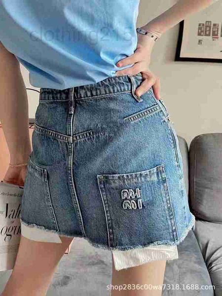 

skirts designer 22ss style raw edge fake two pieces of three-dimensional embroidery logo washed denim skirt short women ryes, Black