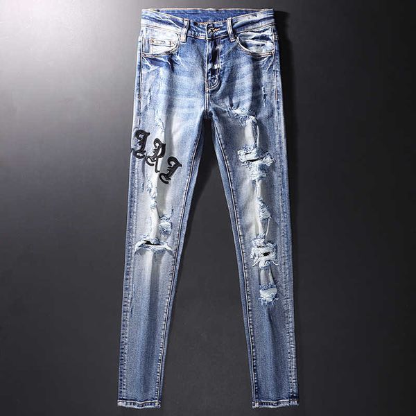 

men's jeans amirs designer fashion pants cool stylish leisure ripped brand slim elastic letter embroidery hole patch wgp3, Blue