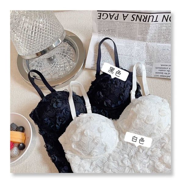 

bra set lingerie simple three-dimensional flower pure desire vest integrated chest pad low elastic back strap 1901, Red;black