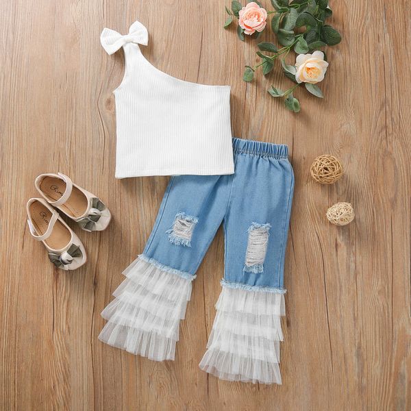 

sets summer new fashion girls clothing set kids girls oneshoulder bow vest camisolegauze stitching ripped denim pants pcs suit, White