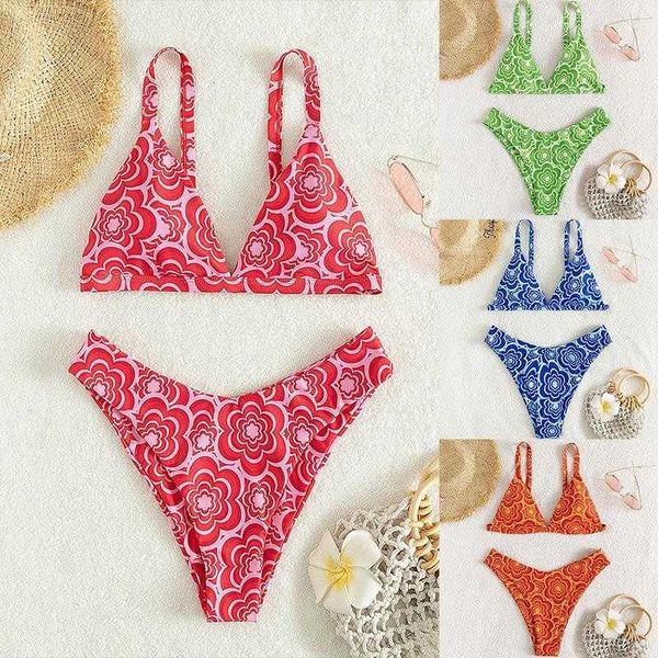 

multicolor printed v neck bikini high waist triangle two piece suit, White;black