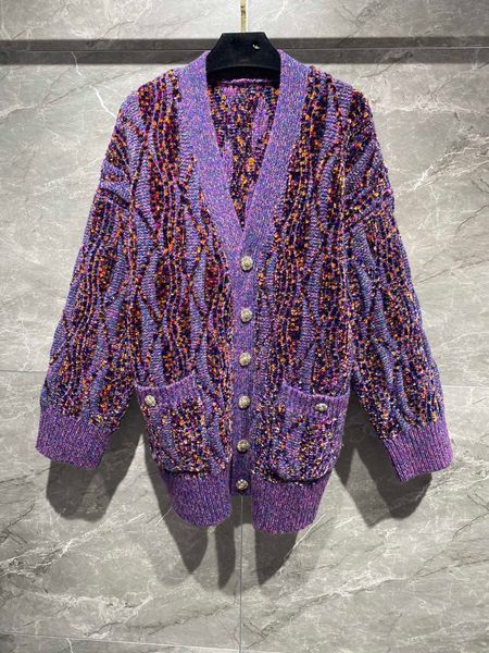 

2023 women's sweaters v-neck long sleeve purple tweed cardigan, White;black