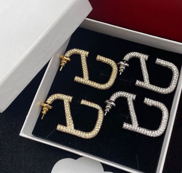 

2022 fashion earrings jewelry womens men designer earring ear studs letter v diamonds luxurys golden fashion silver needle weote with box, Golden;silver
