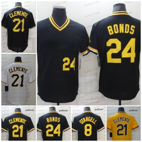 

21 roberto clemente black jersey 8 willie stargell 24 barry bonds black white yellow gray stripe mens jerseys stitched pullover button, Blue;black