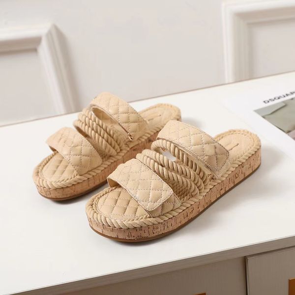 

designer hemp rope grass sandal velvet sandals crystal calf leather casual shoes women weave slippers quilted platform alphabet fashion fish, Black