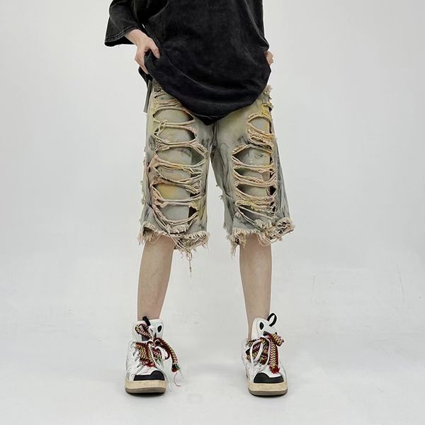 

high street hole frayed men's summer jeans shorts wide leg cargos denim pants