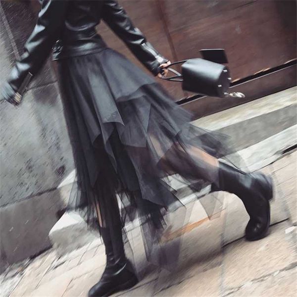

skirts elastic high waist irregular tulle midi skirt fashion womens mesh tutu maxi pleated long skirt faldas mujer moda saias jupe 230214, Black