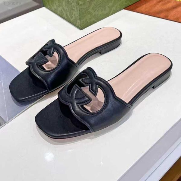 

2023 women cut-out slide sandal leather designer interlocking mid-heel slippers rubber sole solid color, Black