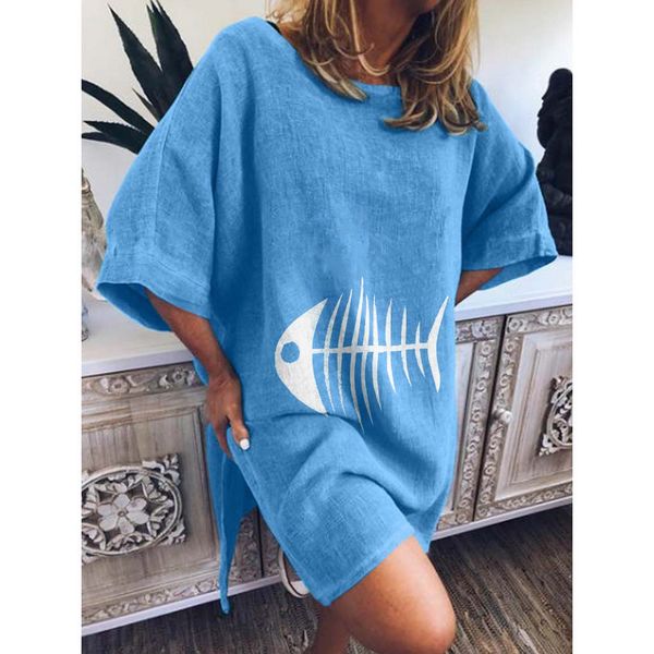 

women's t-shirt 2022 summer wish cotton and hemp crewneck skirt women's loose casual fishbone print dress, White