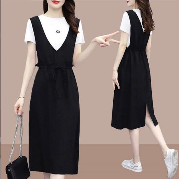 

casual dresses o-neck above knee mini letter empire pullover belt short sleeve women's clothing summer patchwork all-match trend, Black;gray