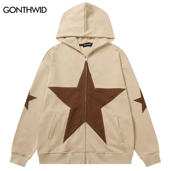 

mens hoodies sweatshirts hip hop zip up hoodie jacket y2k grunge vintage star patch punk gothic loose hooded sweatshirt coat harajuku cotton, Black