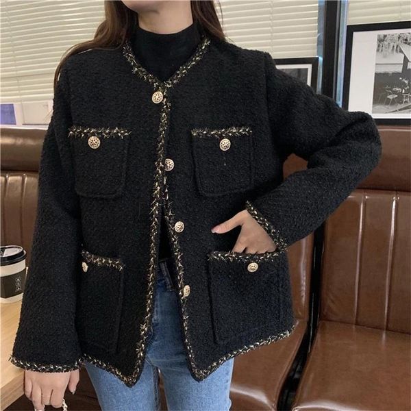 

womens jackets fashion tweed loose casual long sleeve multi pocket versatile ladies black outerwear 230214, Black;brown
