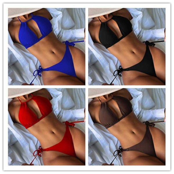 

pure color halter swimsuit womens split bikini multi low waist, White;black