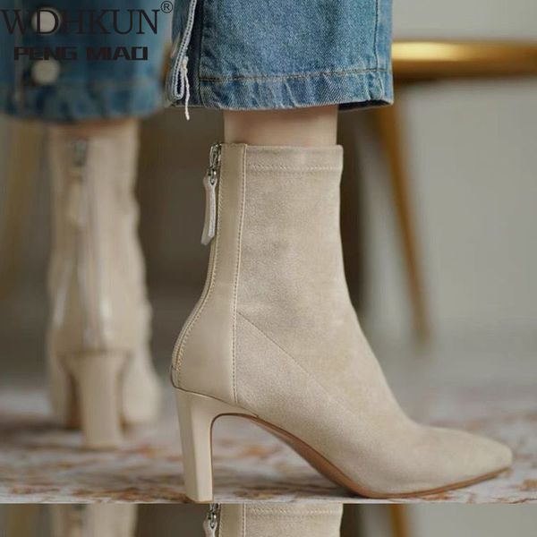 

boots high heel boots women's korean style autumn and winter mid heel stretch thin boots pointed toe sock boots women 230214, Black