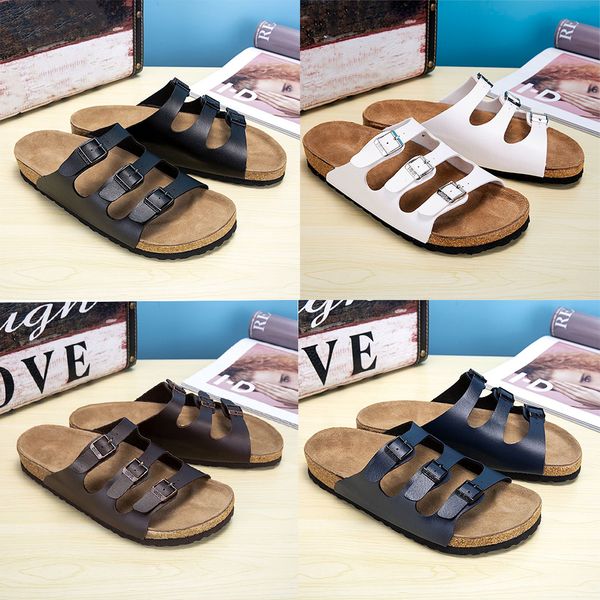 

2023 boston scuffs mens womens beach shoes three-button sandal slippers leather clogs cork flat fashion leather slide outdoor beach sandals, Black