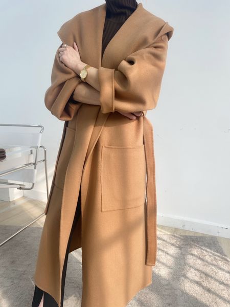 

women's jackets 2023 spring and winter doublesided wool coat women's long highend lapel hooded water corrugated fabric with belt 2, Black;brown