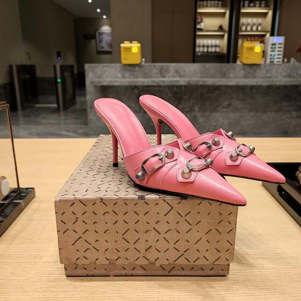

latest fashion pink high heels pointed pumps dress evening shoes luxury designer slippers belt buckle spikes decorative formal shoes, Black