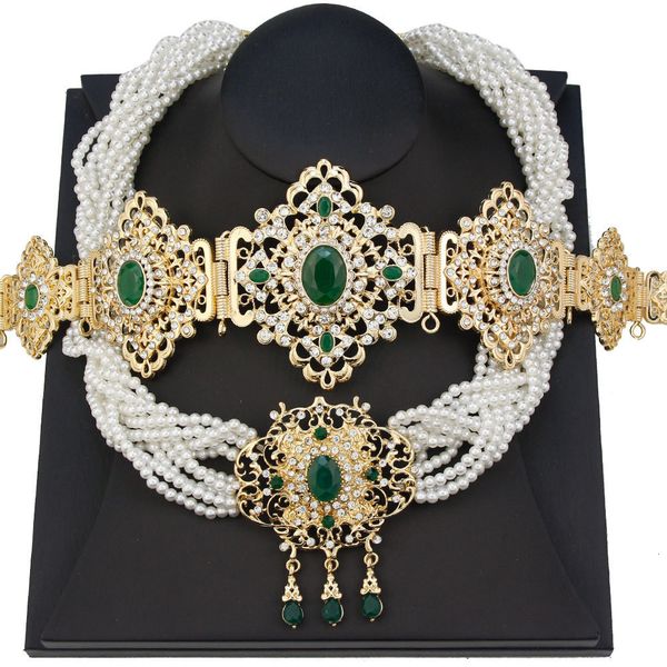 

wedding jewelry sets gold color morocco bride wedding jewelry sets women dress belt waist chain multilayer beads pearl chain necklace caftan, Slivery;golden