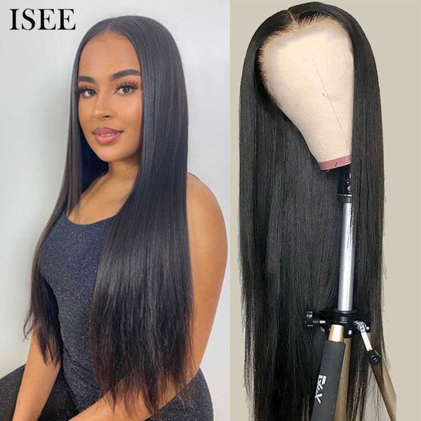 

isee young sraight lace closure wigs for women bone straight hd swiss lace human hair wig easy install wear and go glueless wigs, Black