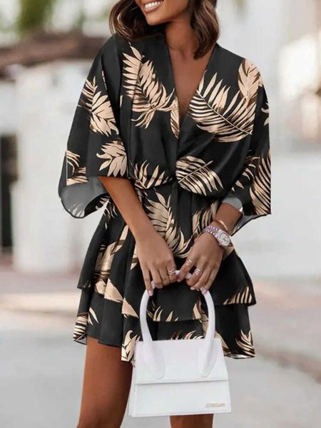 

casual dresses tropical print twist design casual dress women batwing half sleeve summer dress t230210, Black;gray