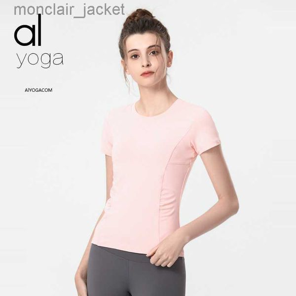 

designer alos yoga spring and summer new round neck yoga sports short sleeve women's naked slim fit t-shirt solid color fitness clothes, White