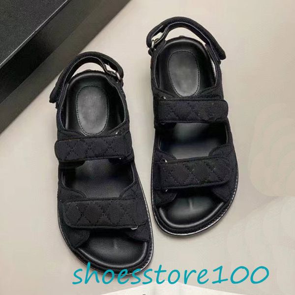 

designer women grandad sandals womens slides crystal calf leather casual shoes quilted platform summer beach slipper 35-42 with box and shop, Black