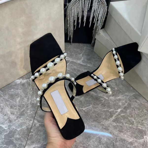 

2023 summer luxury sandals designer women flip flops slipper fashion genuine leather slides pearl ladies casual shoes, Black