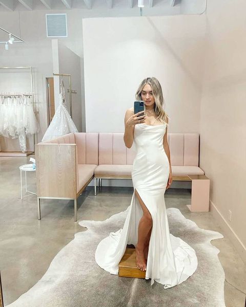 

simple mermaid cowl neck spaghetti straps satin wedding dresses with slit, White