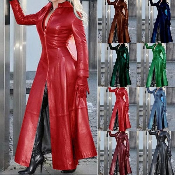 

women's leather faux long jacket pu jackets slimfit sleeves zipper fall fashion black coat female dress 230215