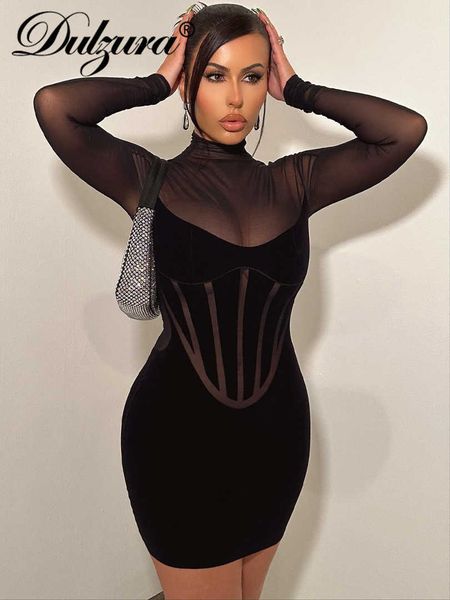 

casual dresses dulzura autumn mesh patchwork y2k clothes long sleeve o-neck bodycon mini dresses for women club party elegant outfits t23021, Black;gray