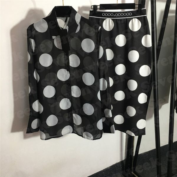 

polka dot print shirts dress sets for women temperament lapel lady long sleeve shirt high waisted skirts two piece, White