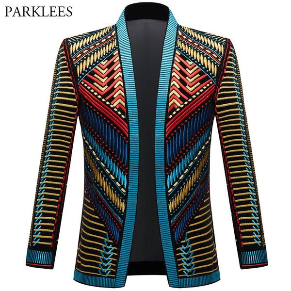 

men's suits blazers vintage colorful embroidery suit jacket blazer men velveteen jacket ethnic style striped singer stage costume casua, White;black