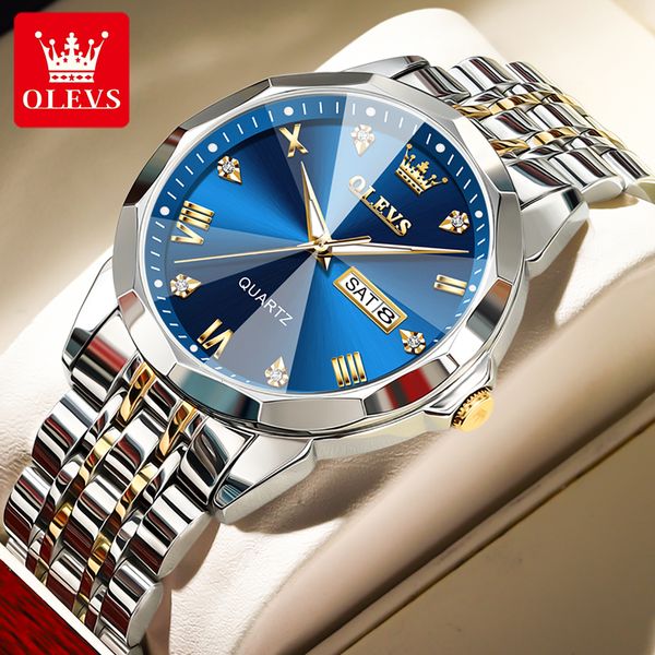 

wristwatches olevs business quartz watch for men week calendar luxury waterproof stainless steel strap luminous blue men wristwatch 230215, Slivery;brown
